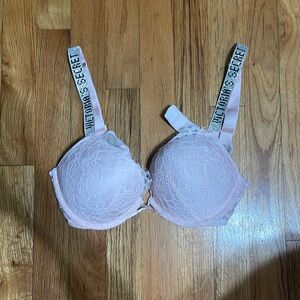 pink victoria secret glitter strap push up bra (small stain) lightly worn